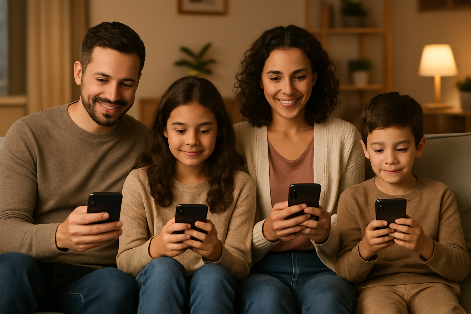 family using smartphoned